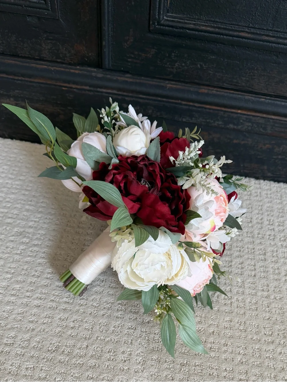 Wedding Bridal Bouquet - Blush Pink, Ivory & Burgundy Peonies